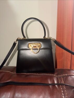 Vintage Salvatore Ferragamo Gancini Iconic Black Leather Too Handle Satchel Bag